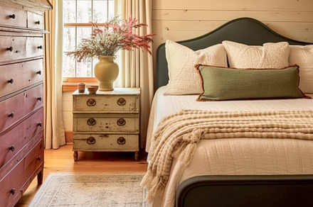 Farmhouse bedroom decor, interior design and home decor, bed wit, an Architecture Photo by Anneleven