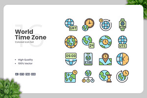World Time Zone Colored Icons, an Icon by Upnowgraphic
