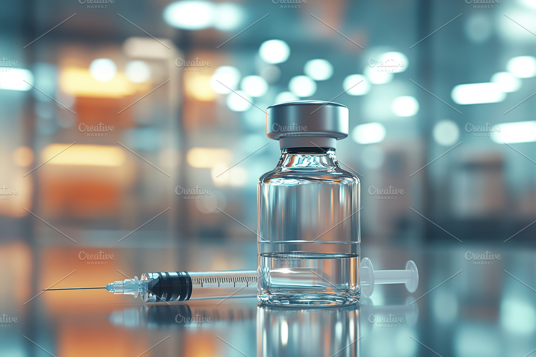 Disposable syringe and injection vial on blurred laboratory back, a Health & Medical Photo by AlyaAnd