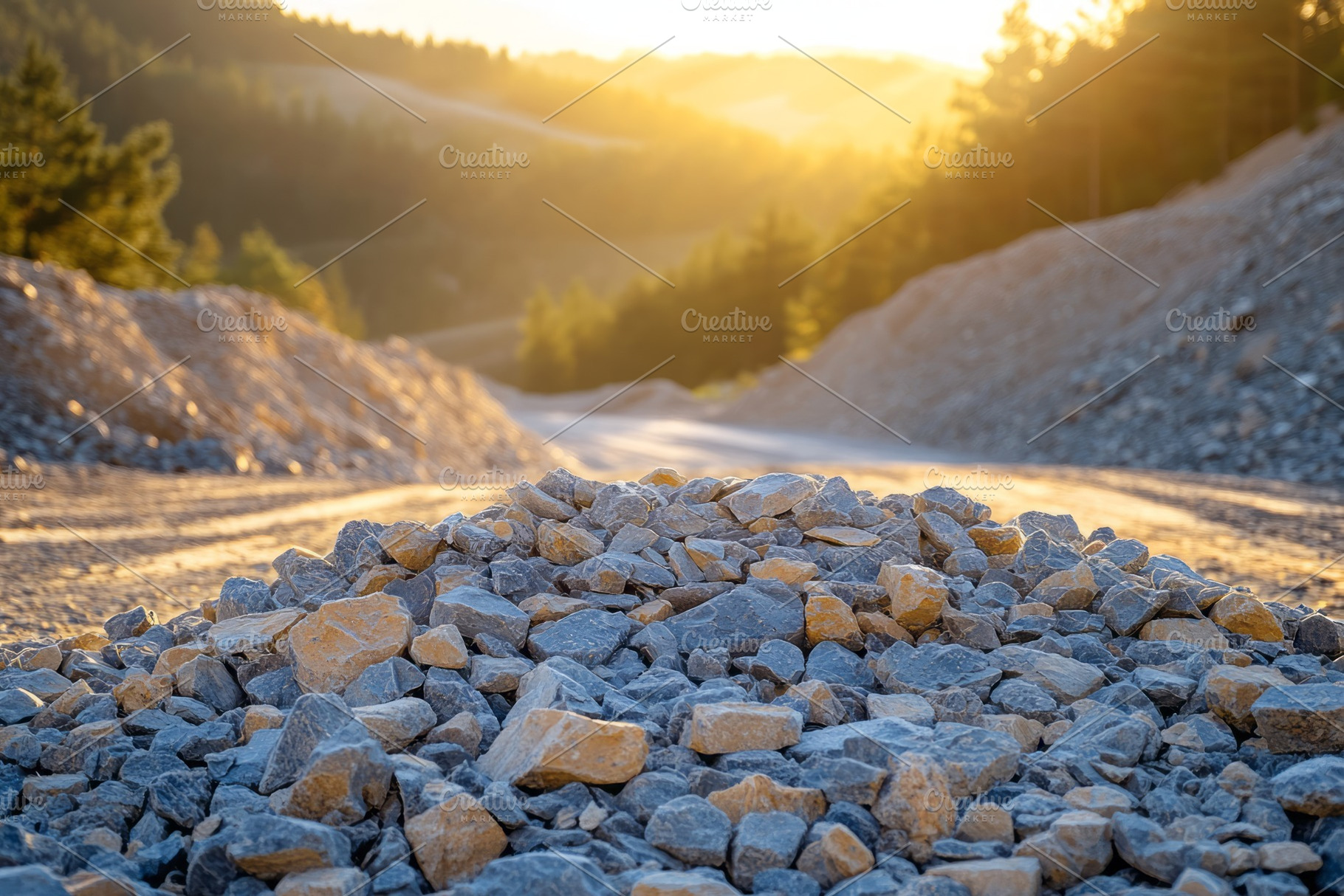A close-up of gravel on a sunny day, with a winding road and forested hills in, a Background Photo by ImageMir