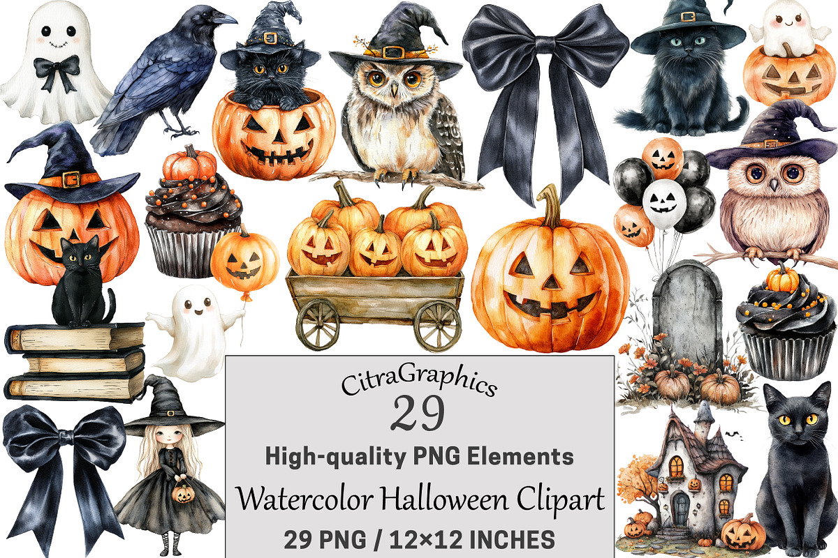 Watercolor Halloween Clipart, a Seasonal Illustration by CitraGraphics (Photo 1 of 4)