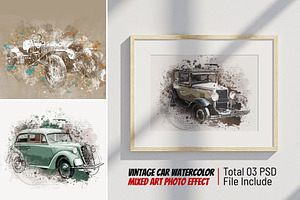 Vintage Car Watercolor Mixed Art, an Action Add-On by Photoshop Action