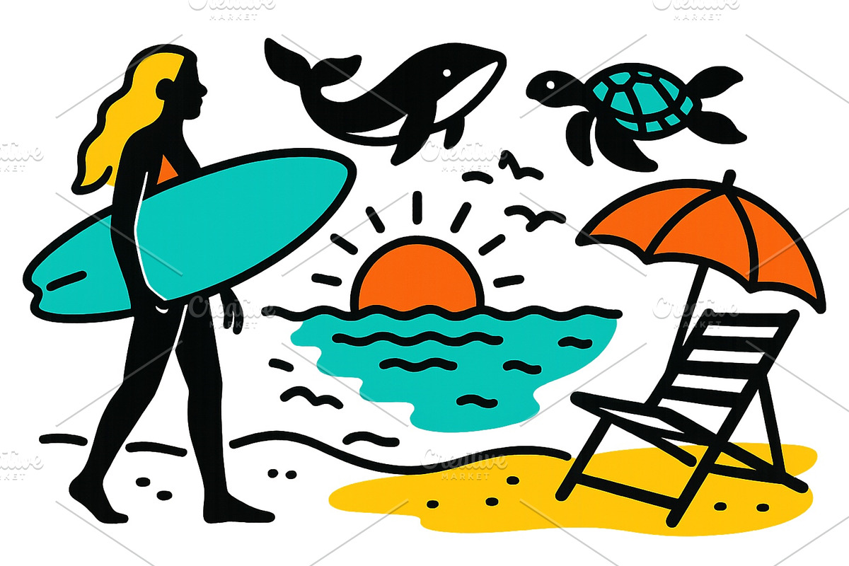 Surfer walks along the shore with, an Animal Illustration by ZinetroN