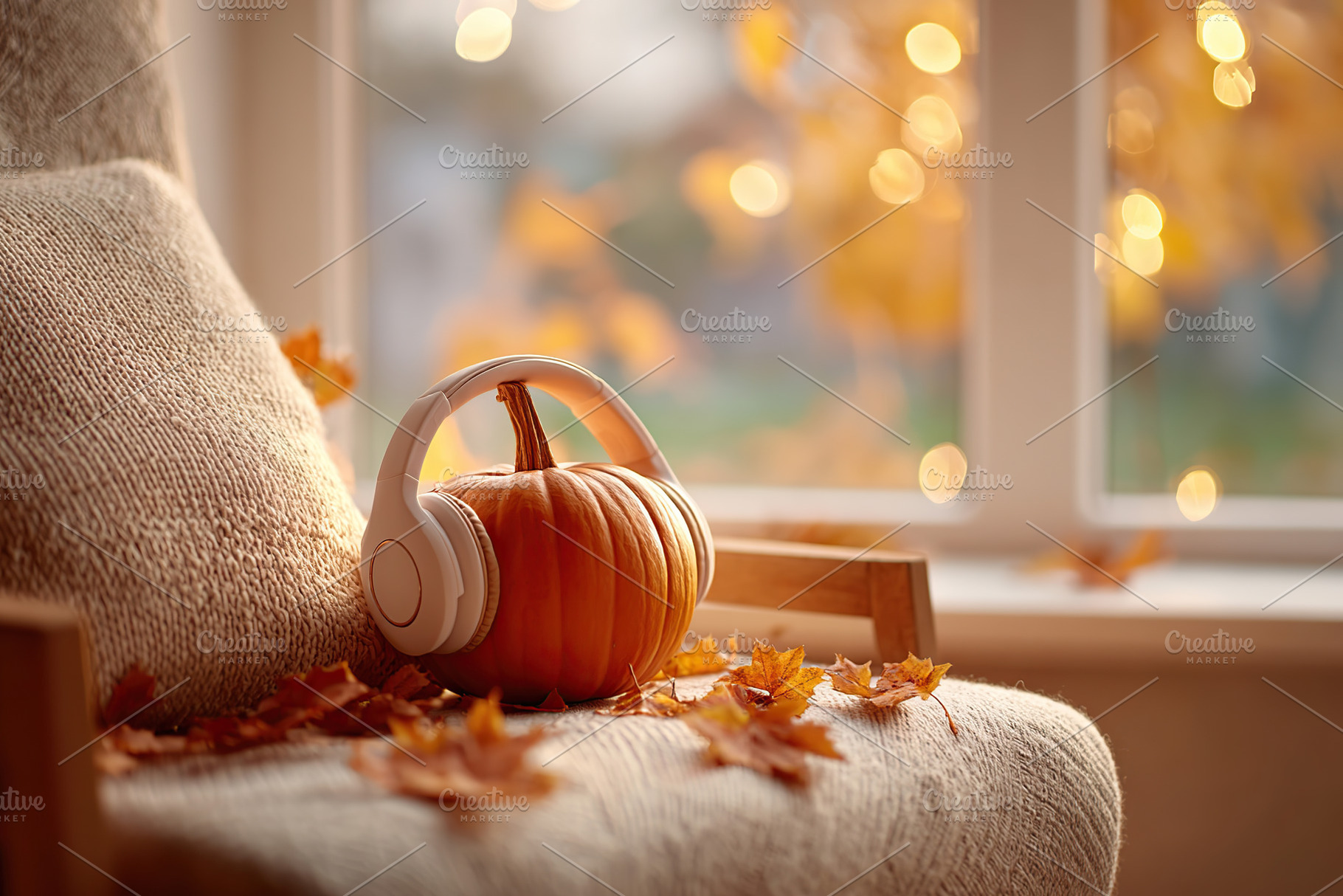 Cozy autumn afternoon with headphones and a pumpkin by the window, a Holiday Photo by AlyaAnd