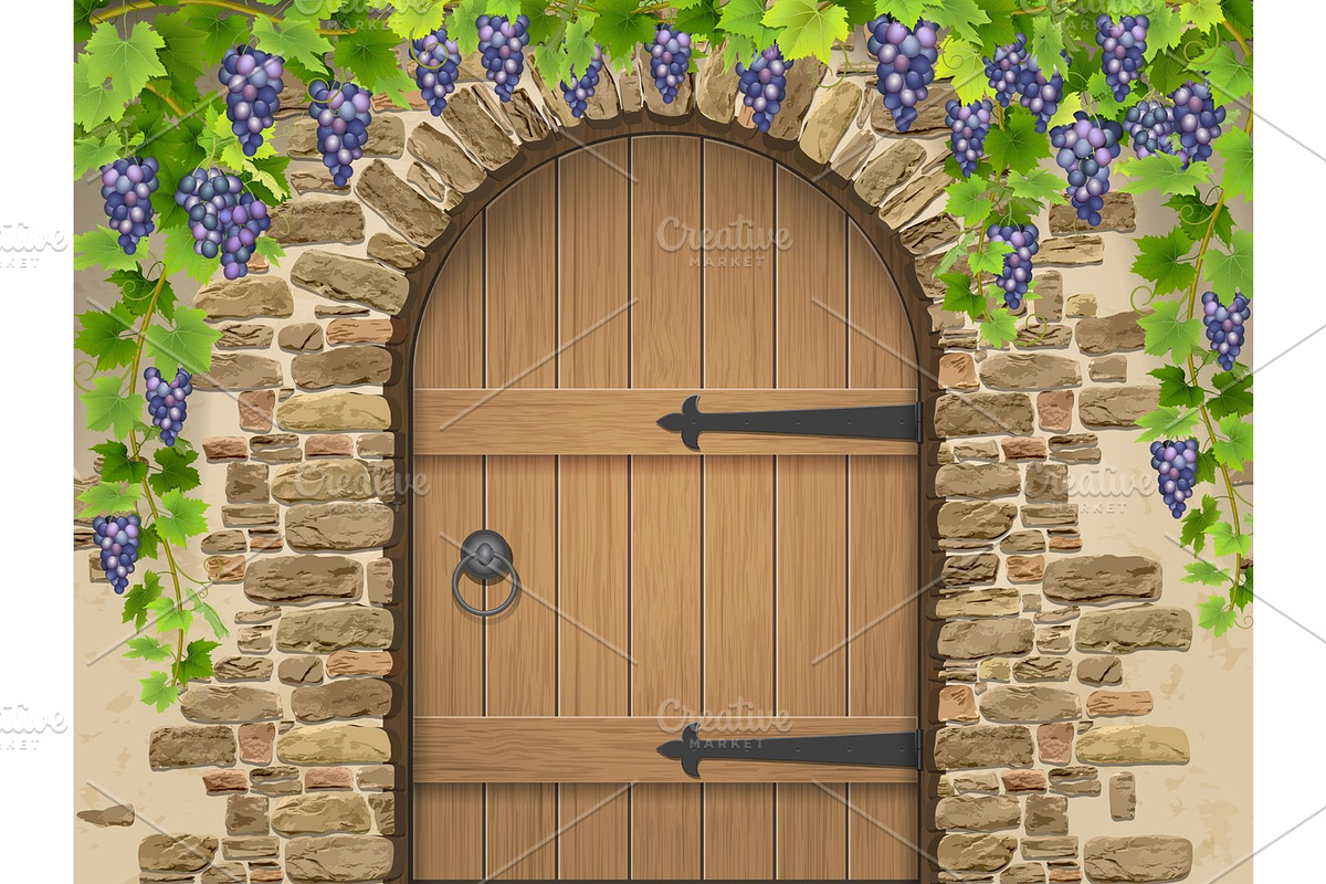 Arch of stone grapes and wooden door, a Decorative Illustration by belander