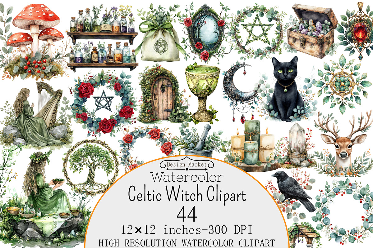 Watercolor Celtic Witch Clipart, a Seasonal Illustration by Design Market (Photo 1 of 5)