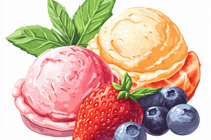 Fresh fruit, scoops of colorful crea, a Food & Drink Photo by Pixeness Studio