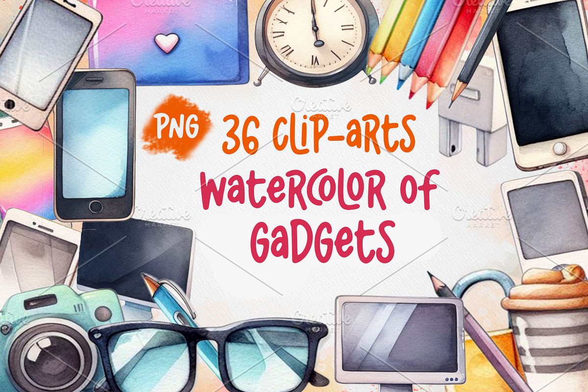 36 Watercolor Clip arts of Gadgets, an Object Graphic by Grappict.com (Photo 1 of 3)