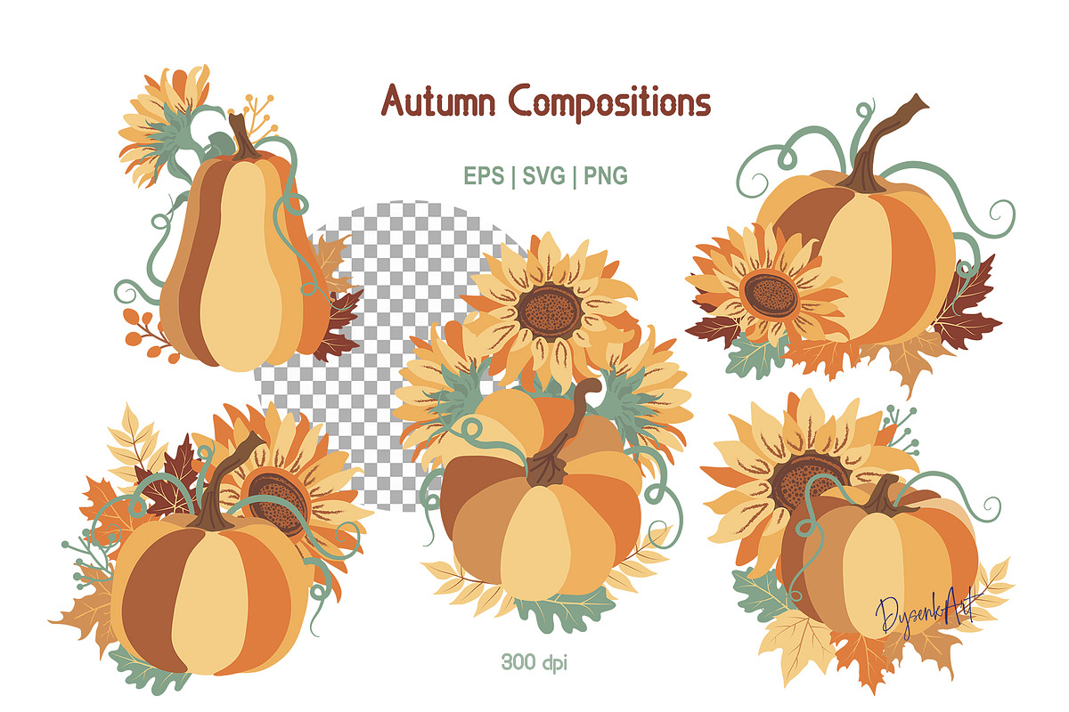 Autumn Pumpkins Sunflowers Clipart, a Decorative Illustration by DysenkaArt (Photo 3 of 5)