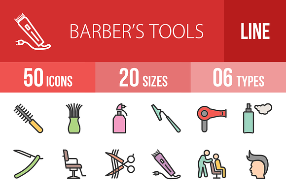 50 Barbers Tools Line Filled Icons