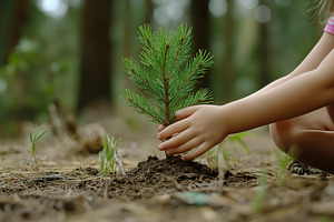 Child hands taking care of small pine tree sapling in the forest, a Nature Photo by AlyaAnd