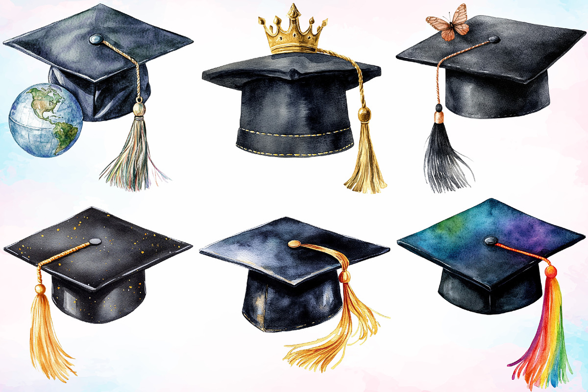 Watercolor Graduation Cap Clipart, a Seasonal Illustration by Canvas Craft (Photo 2 of 5)