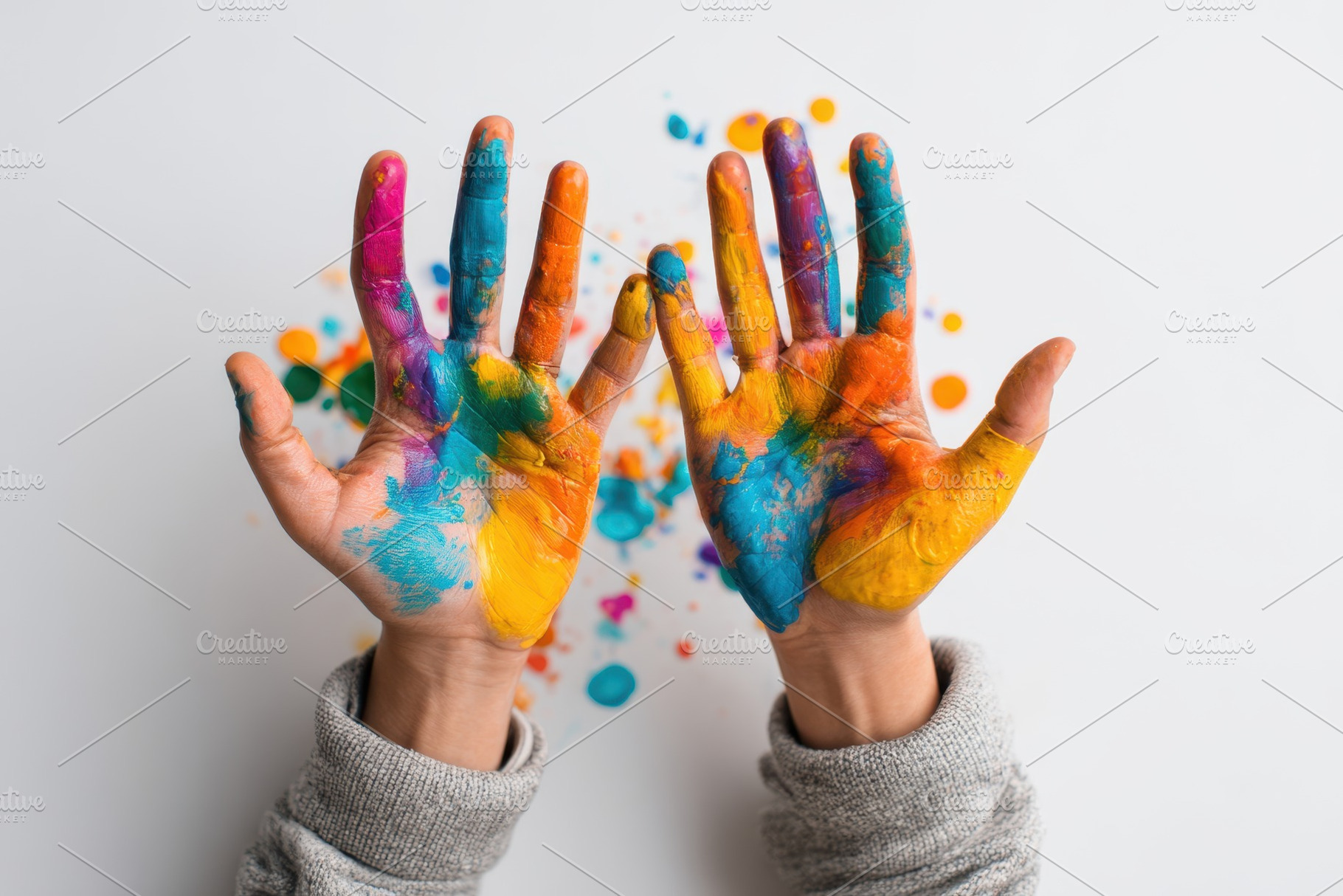 Colorful painted hands with blue and orange paint, an Arts & Entertainment Photo by AlyaAnd