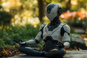 Robot in meditation poses quietly in, a Photo by Tanuart