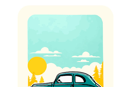 Glossy green retro car on blue sky