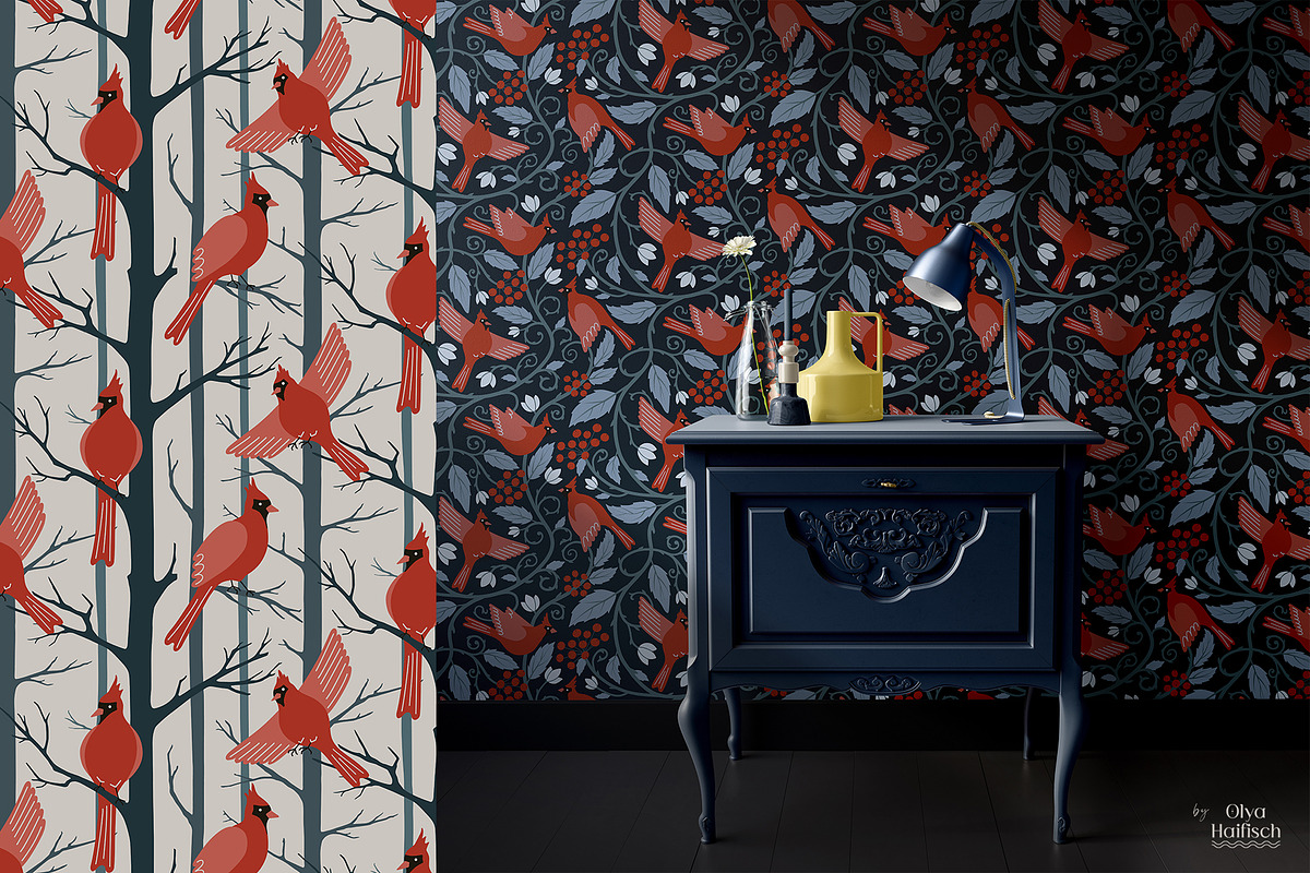 Northern Cardinal Seamless Patterns, a Pattern Graphic by Olya Haifisch (Photo 2 of 6)