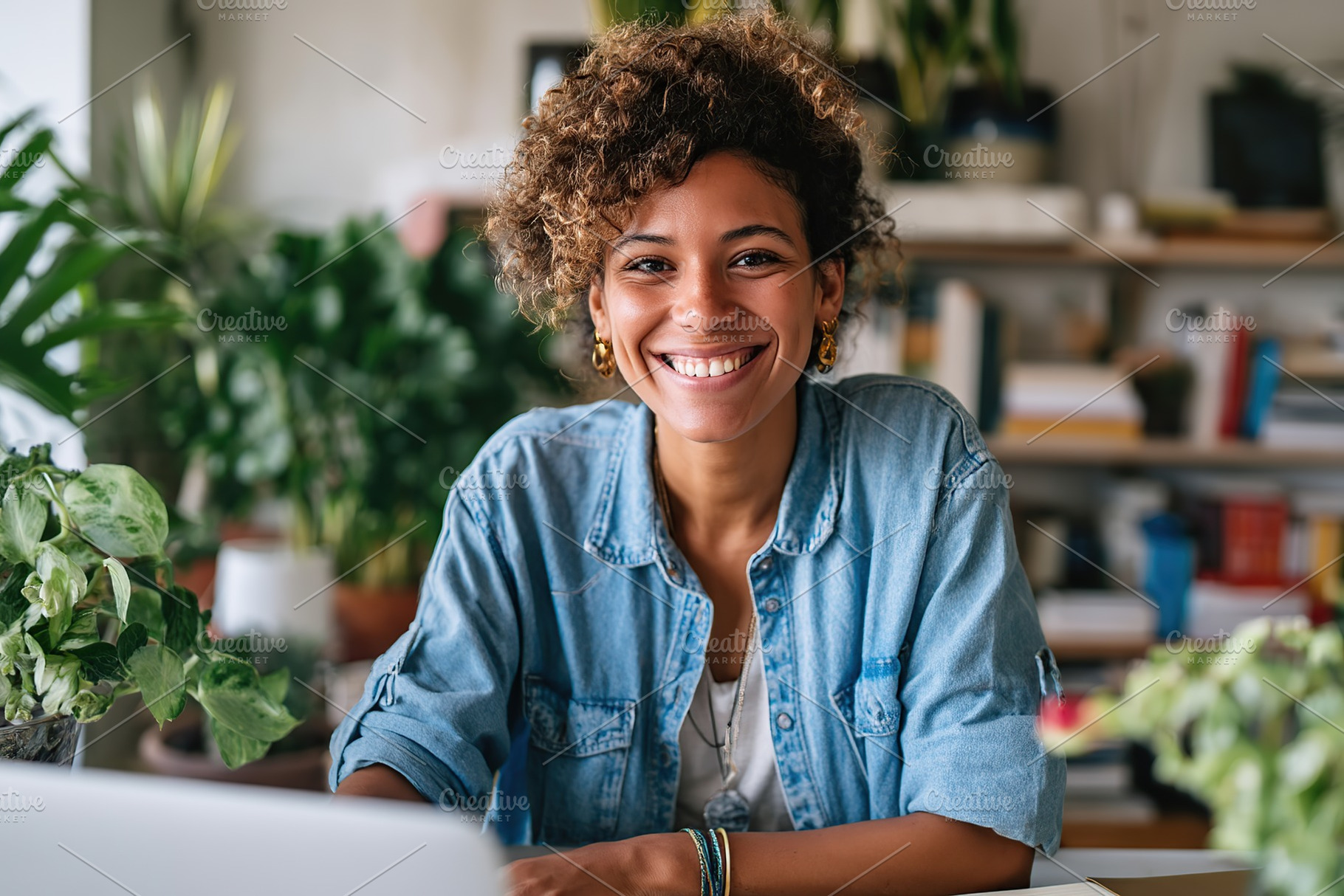 Smiling woman engaged in video call while sitting at a desk surrounded by plant, a Person Photo by AlyaAnd