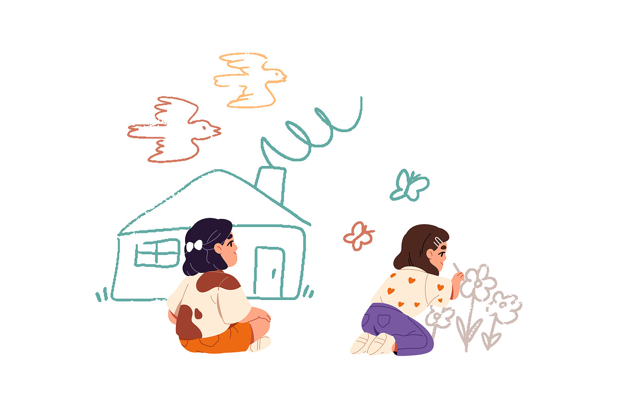 Cute kids drawing doodles on wall, a Person Illustration by PaperTrident (Photo 5 of 14)