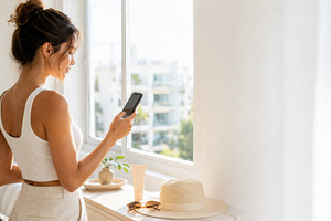 Woman in bright room using smartphon, a Photo by Dvoevnore photos