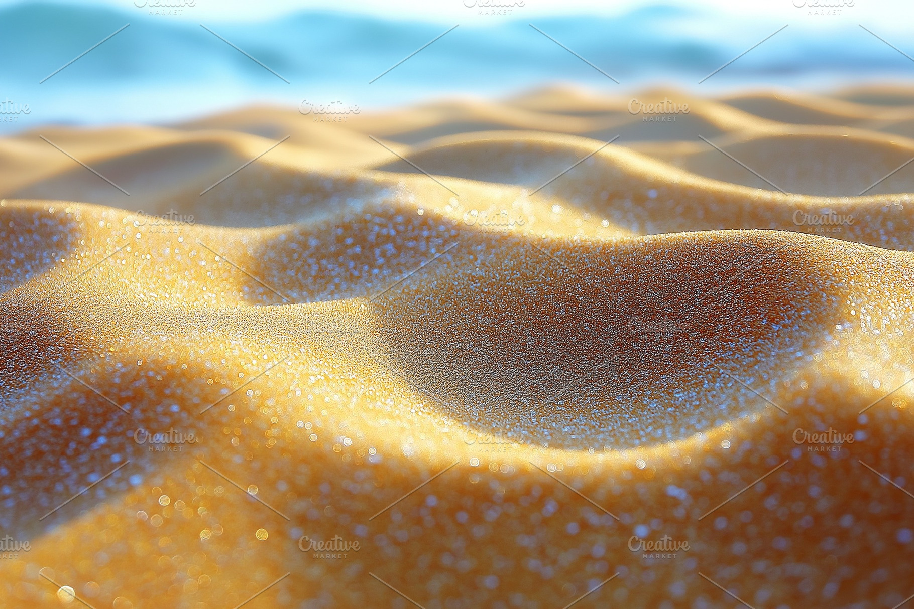 Golden sandy beach with gentle waves shimmering in the background., a Background Photo by ImageMir
