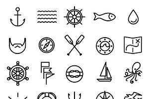 Nautical And Sea Line Icons Set