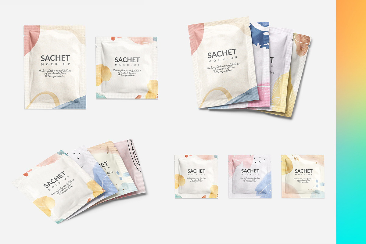2 Types Sachet 18x Mock-ups, a Print Template by Mocca Mockups Store (Photo 1 of 6)