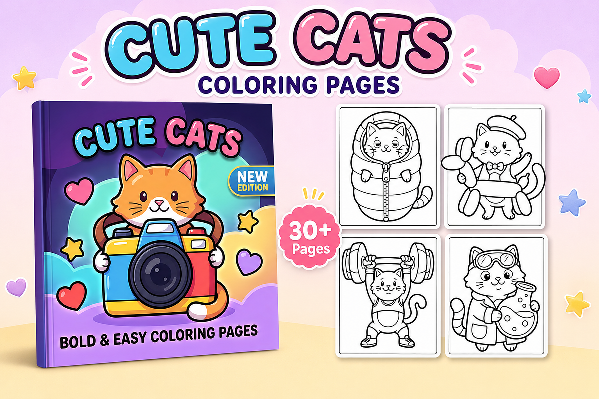 Cute Cats Coloring Pages #2, an Animal Illustration by Inkivelle Studio (Photo 1 of 3)