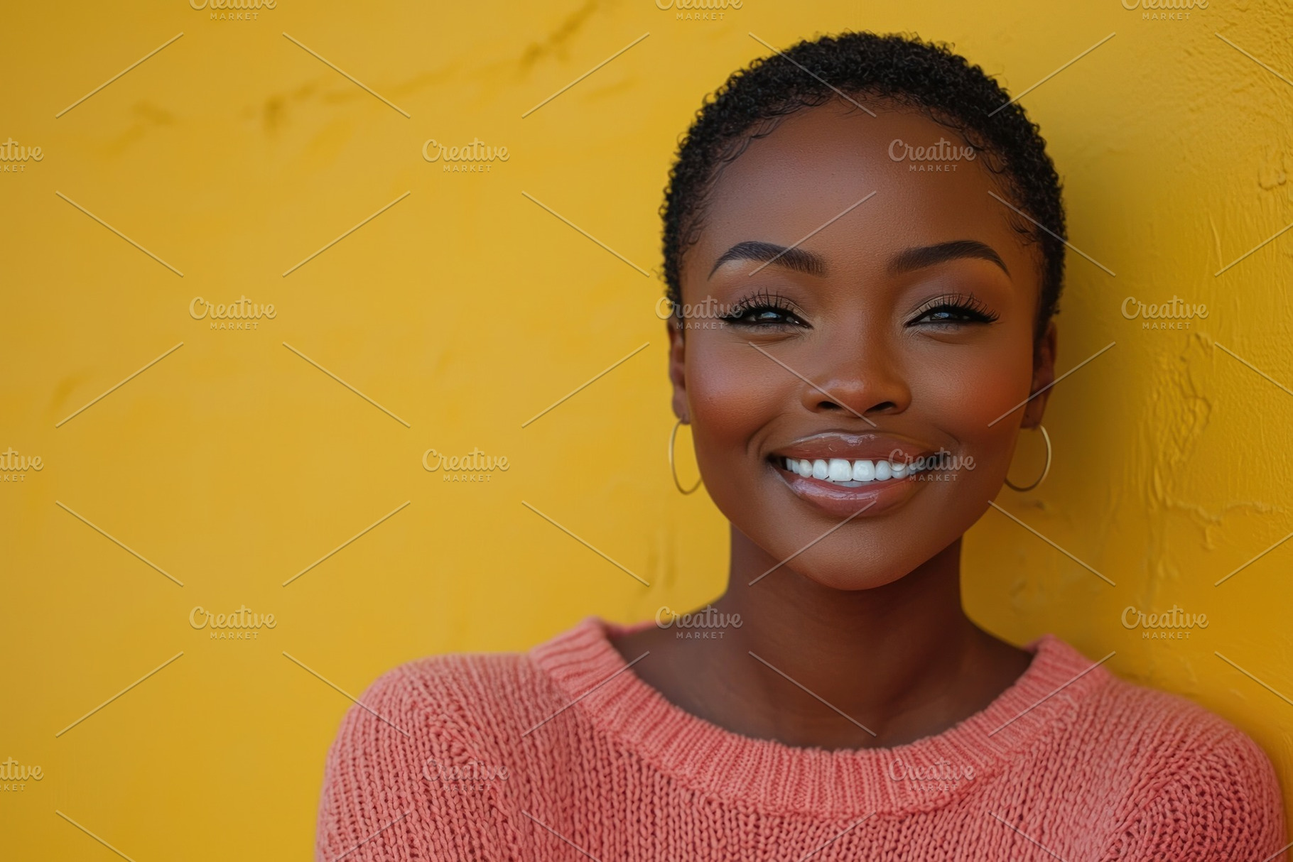 Smiling woman in soft pink sweater with short curly hair standing against textu, a Person Photo by José Manuel Gelpi