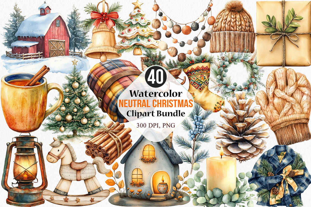 Watercolor Neutral Christmas Clipart, an Illustration by Canvas Craft (Photo 1 of 8)