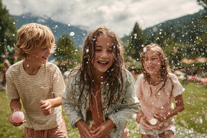 Happy kids playing in water summer f, a Photo by Pixeness Studio