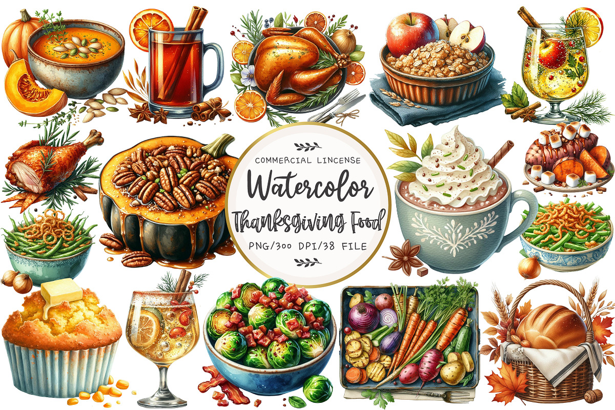 Watercolor Thanksgiving Food Clipart, an Illustration by OK Design (Photo 1 of 5)