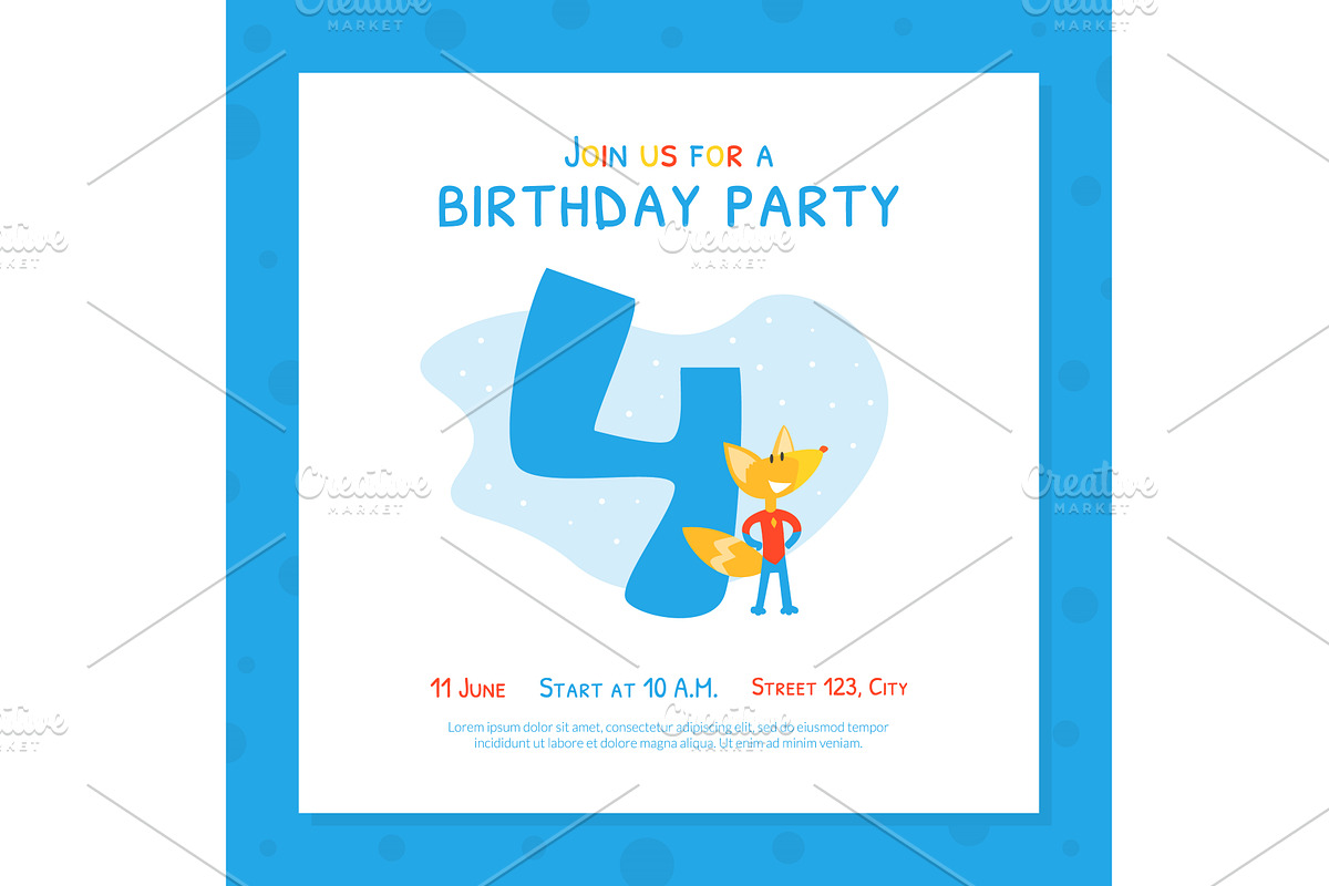Happy 4th Birthday Invitation Card, an Illustration by TopVectors