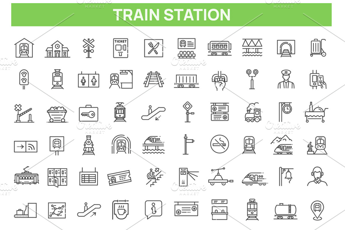 Set of Train Station Icons, an Outline Icon by Tettygreen (Photo 1 of 2)
