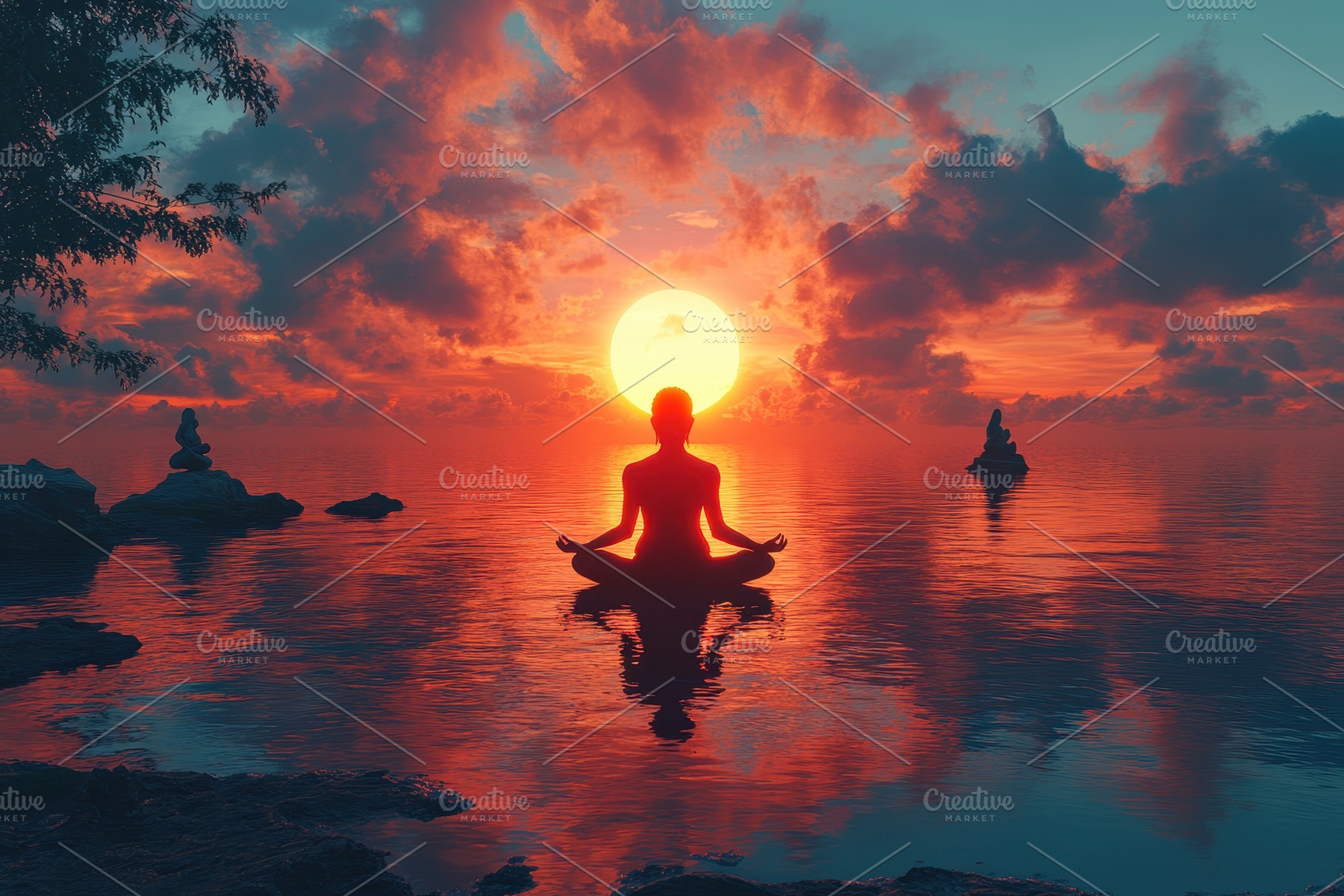 Meditating person by the tranquil se, a Photo by Tanuart