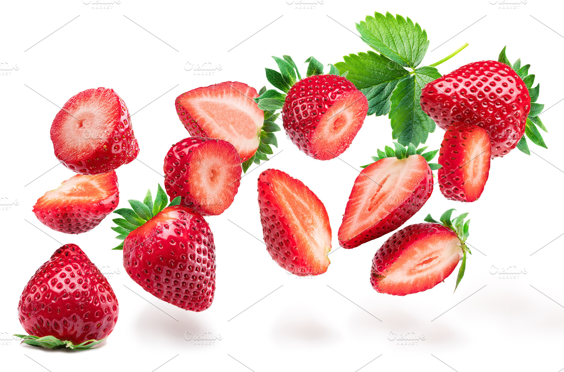 Sliced strawberry flying in the air isolated on white background, a Food & Drink Photo by Volff