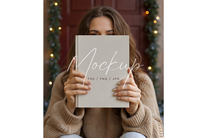 Winter Book Mockup with Fairy Lights, a Product Mockup by TatiMockup