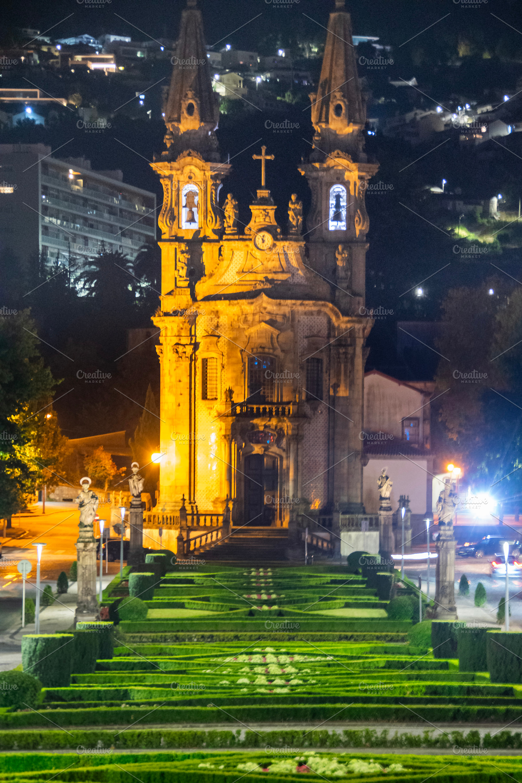 Baroque sanctuary illuminated at night with garden steps, guimar, a Photo by DanFLCreativo