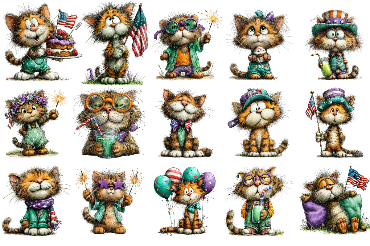 Whimsical Funny Patriotic Cat Clipar, an Illustration by OK Design (Photo 3 of 6)