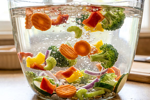Fresh Vegetables Floating in Water Bowl, a Food & Drink Photo by Davizro's Market