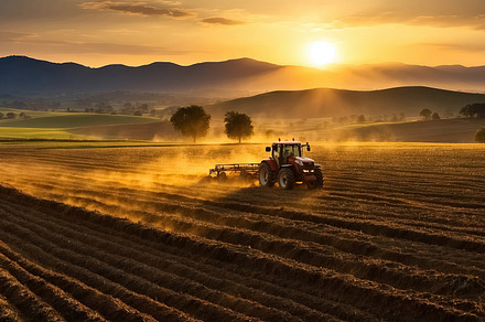 Tractor plowing the field, tractor preparing the land for sowing, an Industrial Photo by Ales Munt