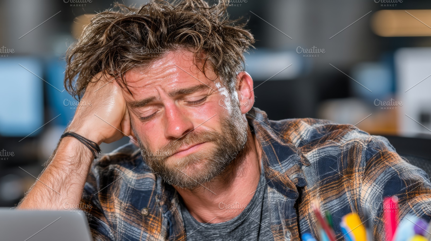 Exhausted man sweating and resting while stressed in the office environment, a Photo by AS photostudio