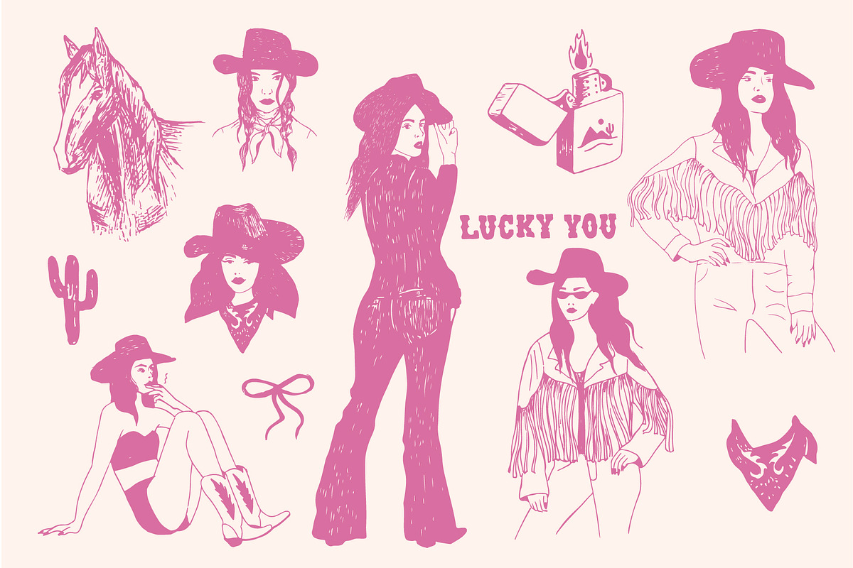 Wanted and Wild cowgirl vector set, a Decorative Illustration by yabluko_draws (Photo 3 of 6)