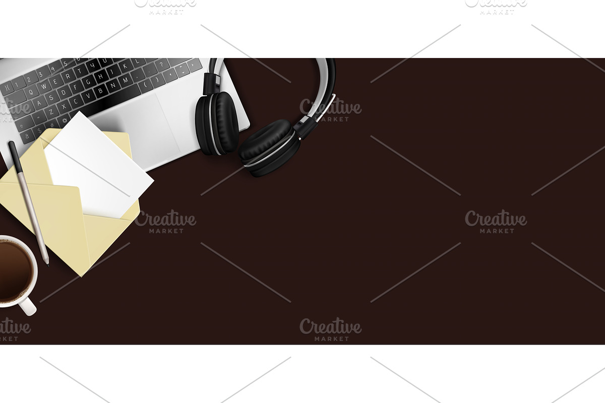 Office desk top view with laptop, a Technology Illustration by art PVP - market