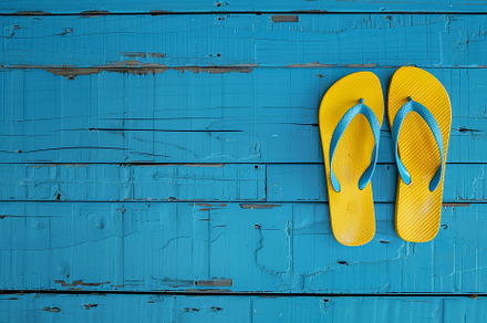 Two bright yellow flip flops sit on, a Photo by Tanuart