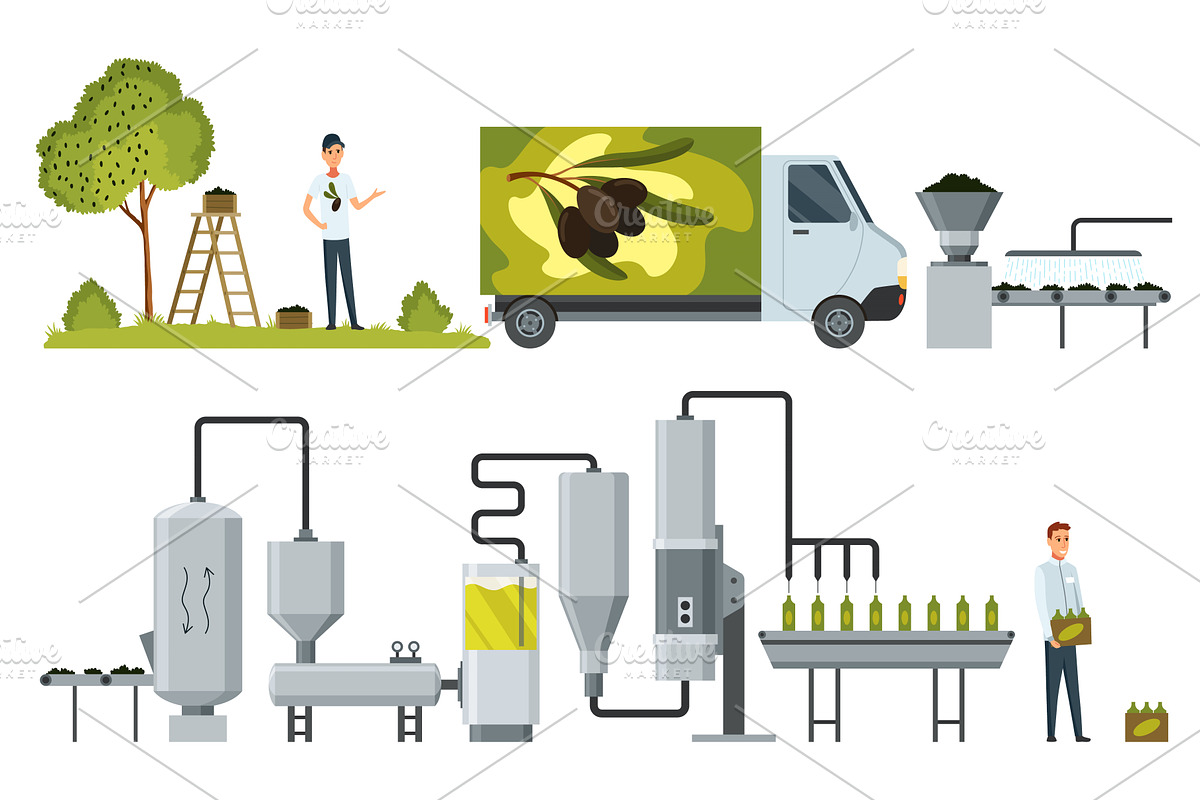 Olive oil production in factory, an Illustration by the8monkey