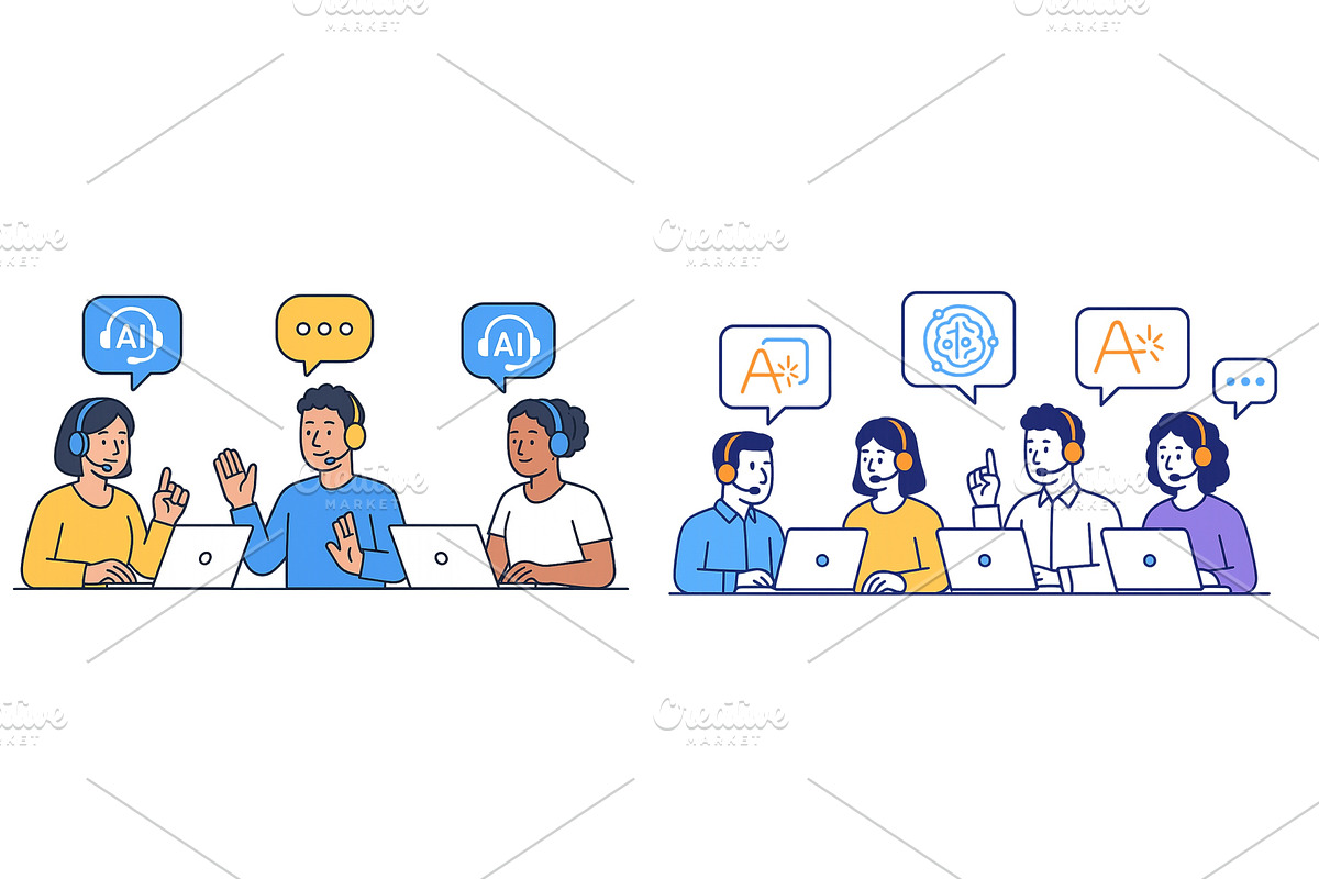 Engaged team members collaborating, a Technology Illustration by ZinetroN