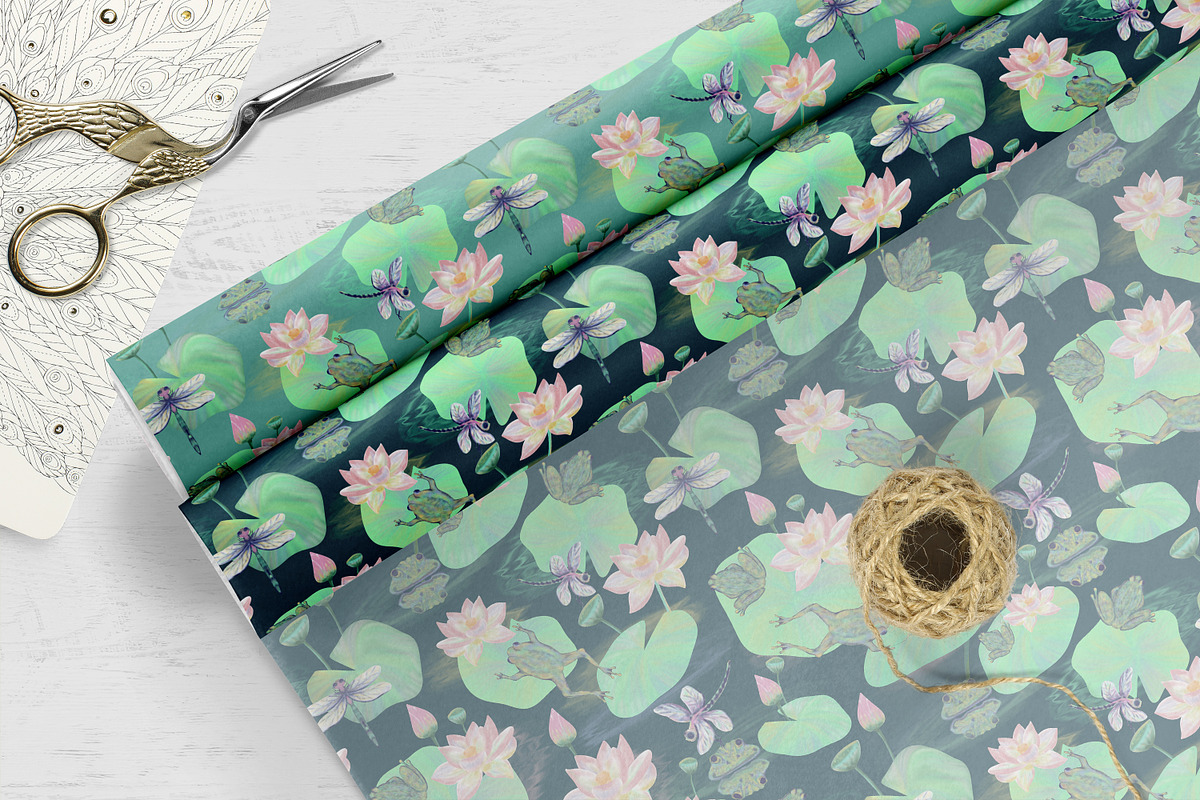 Frog Lotus Seamless Pattern, a Pattern Graphic by Oksana Dovhopol Art (Photo 10 of 23)