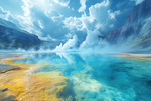 A stunning view of a geothermal hot spring with vibrant blue water and colorful, a Nature Photo by Textures & Backgrounds