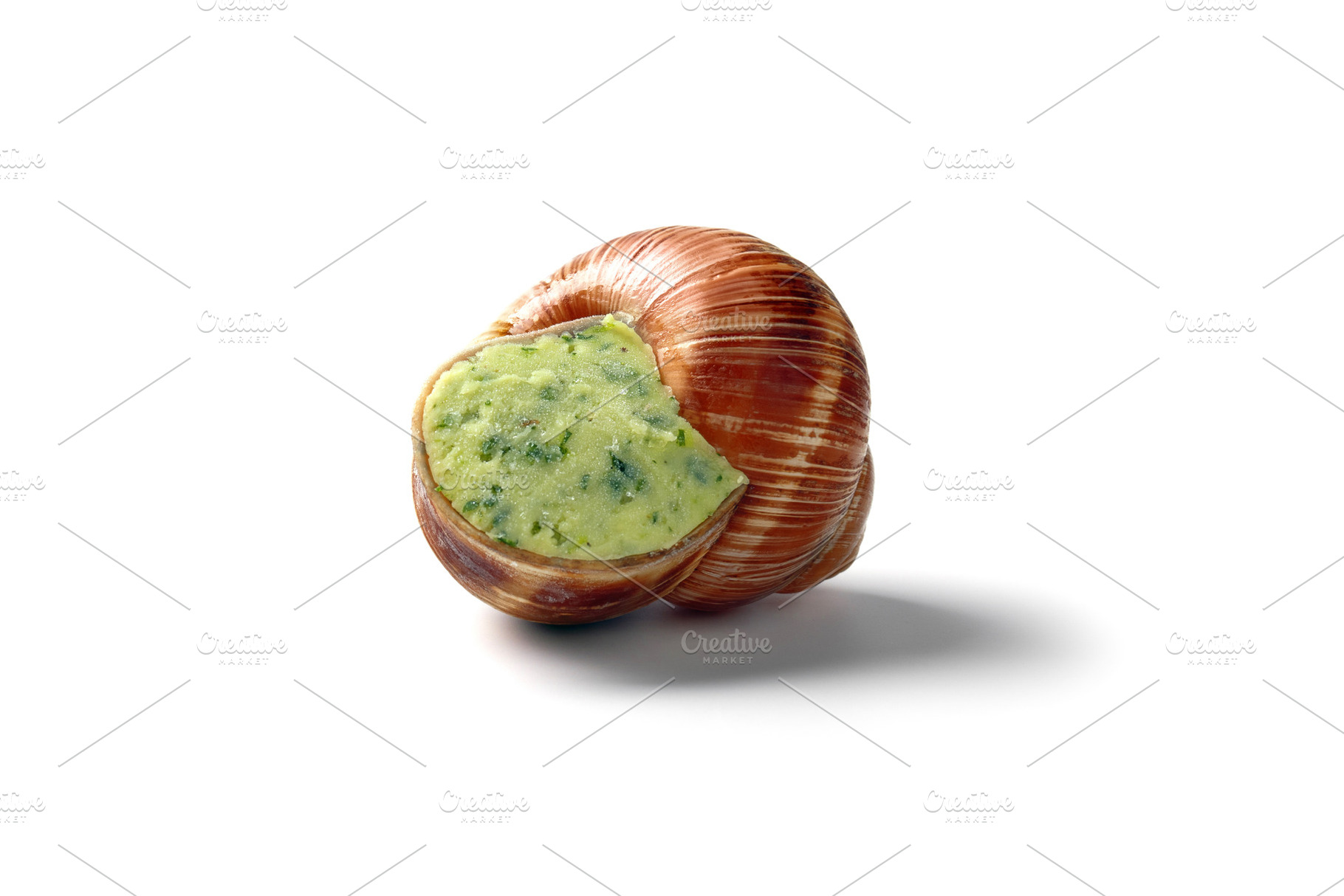 Single gourmet escargot stuffed with herb butter, isolated on a, a Food & Drink Photo by Ales Munt