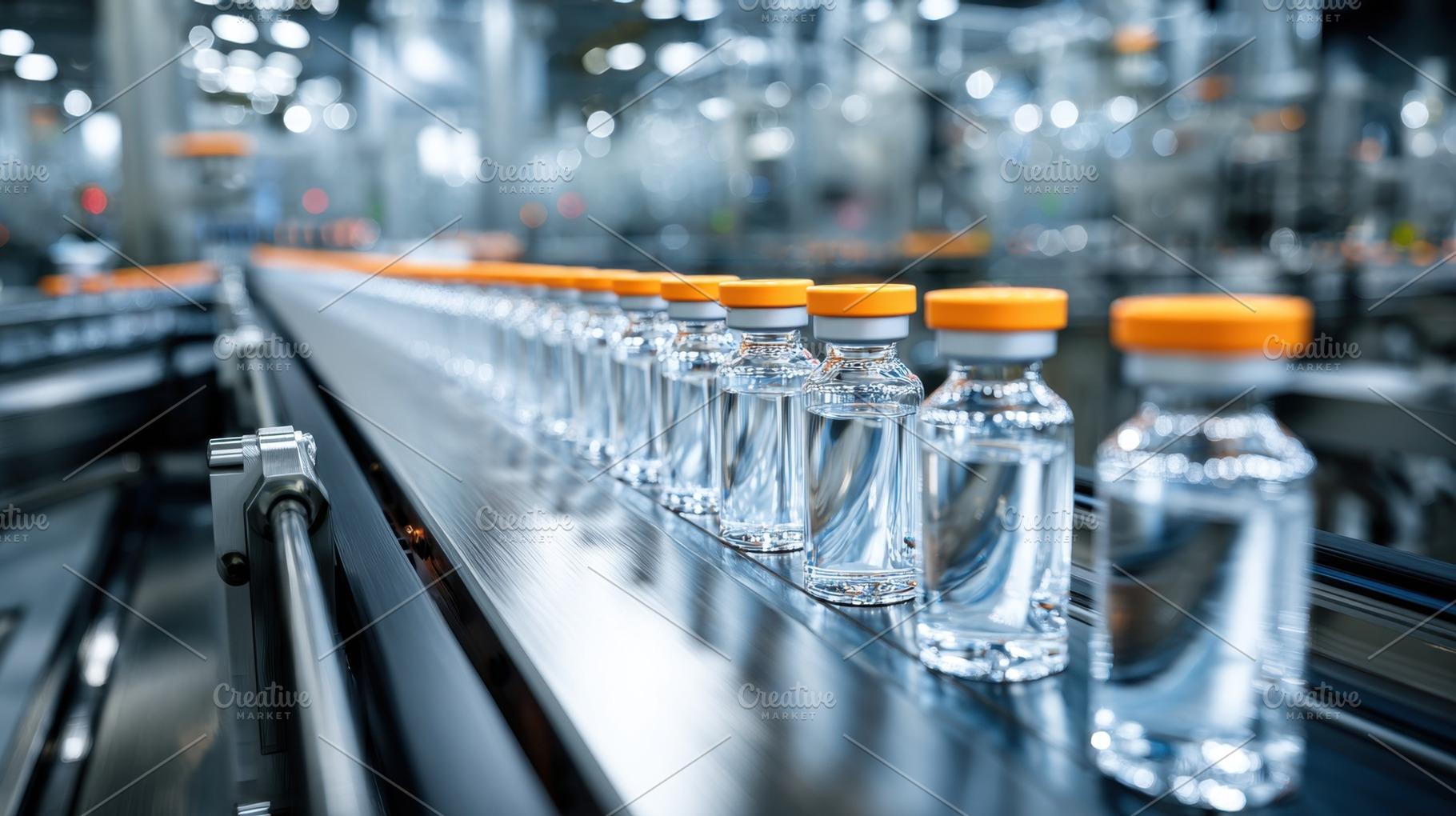 Vials on conveyor belt, a Photo by Beautiful things